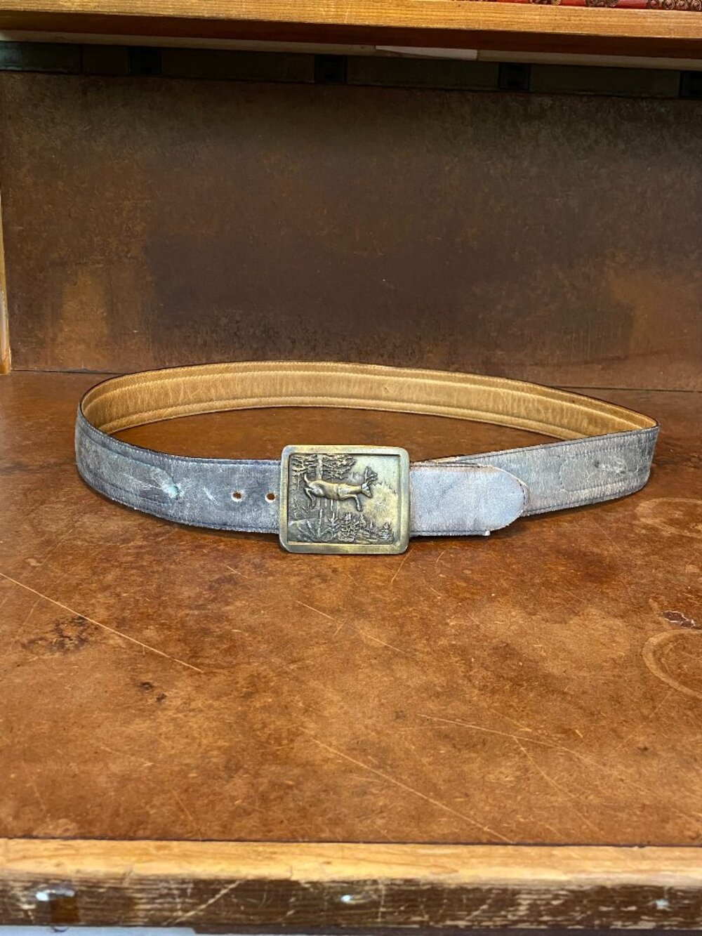 1977 Indiana Metal Craft Buckle Leaping Deer Brigadier Boot Saddle Gray Belt VTG